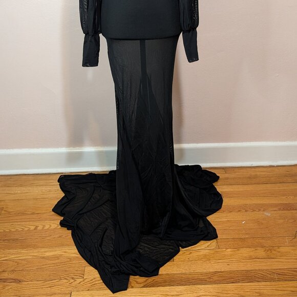 Black Sheer Mesh Maxi Dress Whimsigoth Mermaid Puddle Hem Mock Neck Gown M 6 - Picture 3 of 11